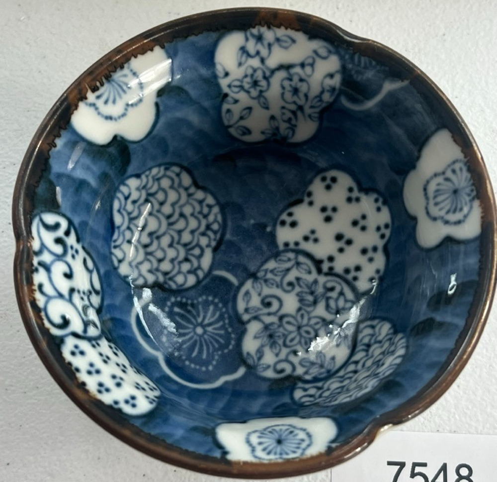 Japanese Mino Yaki Ware Rice Bowl Blue And White Floral Sushi Stamped